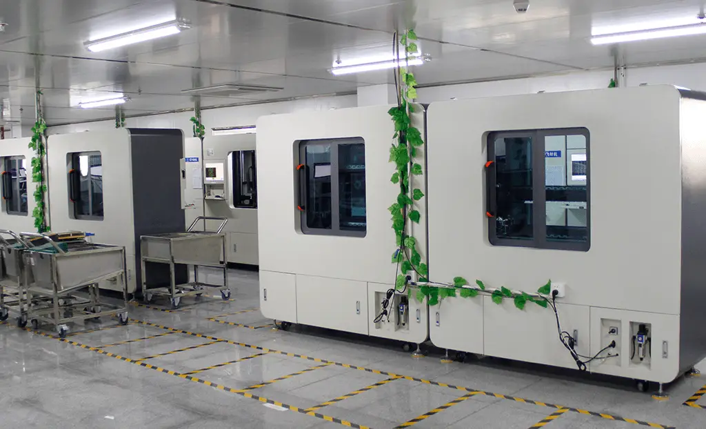 PCB automated inspection machines in a clean room facility. Features advanced optical inspection (AOI) and quality control processes.