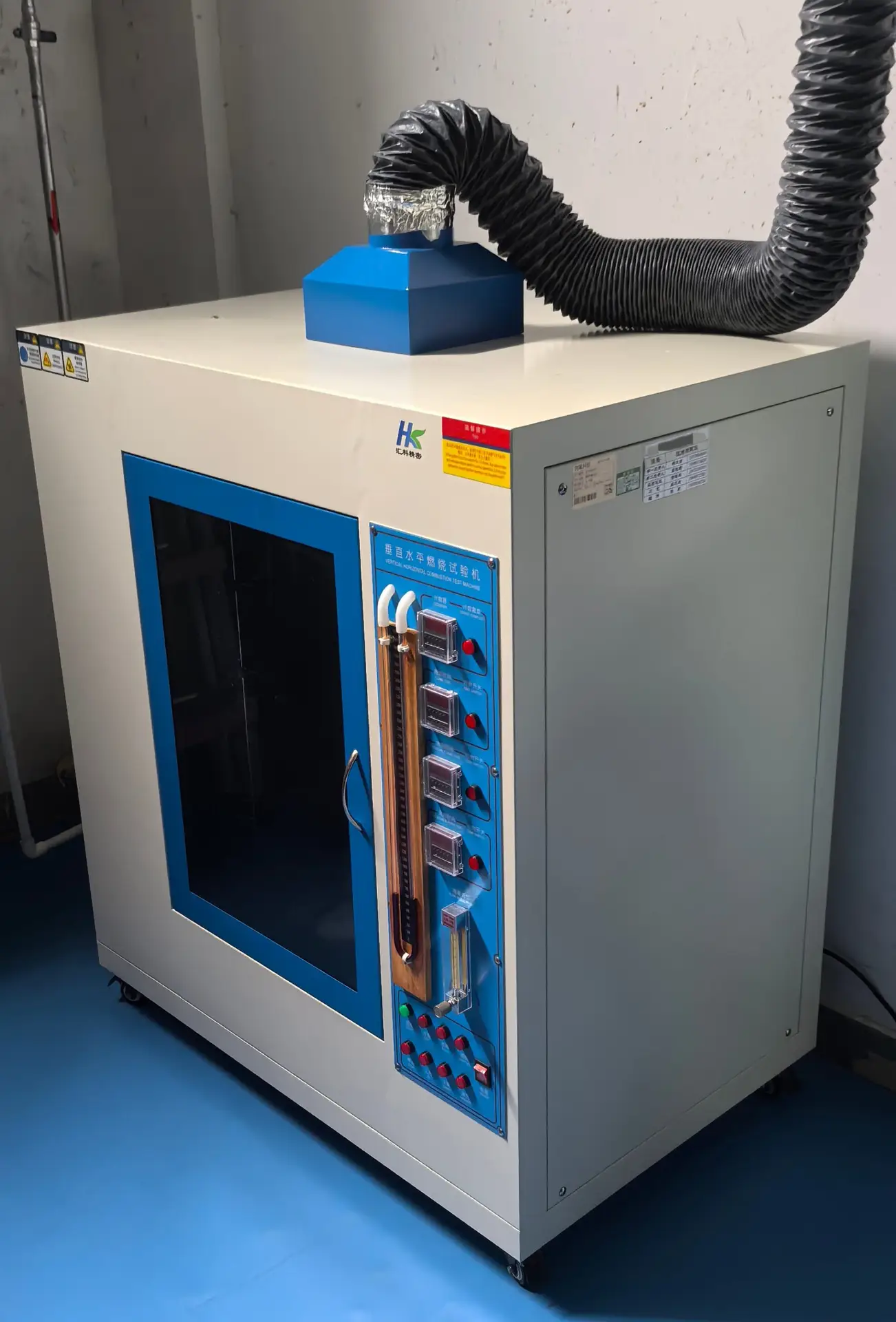 Vertical horizontal combustion test machine for PCB flammability testing, ensuring UL94 compliance and product safety in electronics manufacturing.