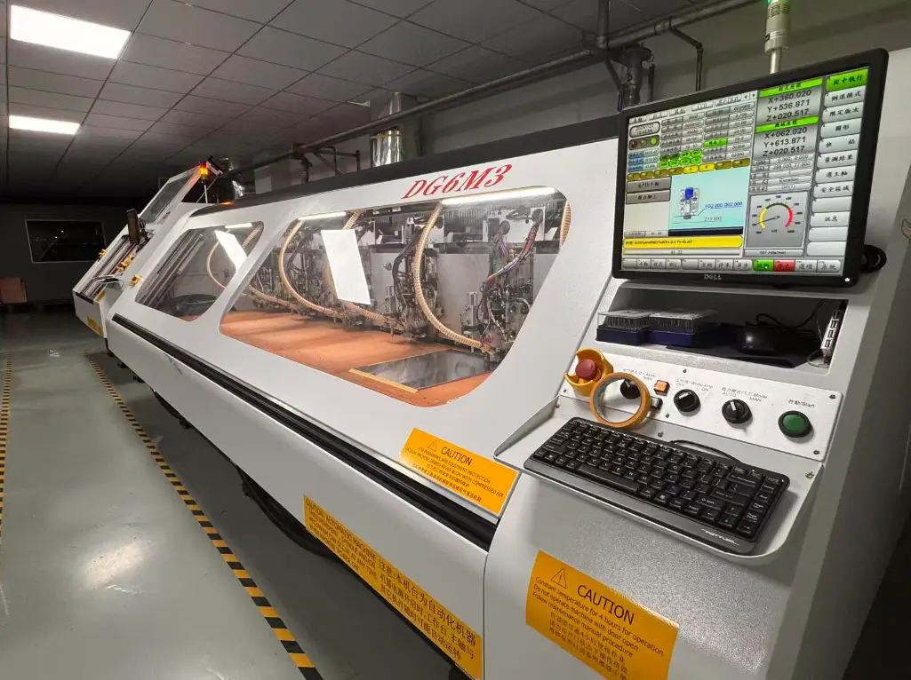 A DG6M3 multi-spindle CNC drilling machine for printed circuit boards, showing its operational interface and precision tooling in a manufacturing facility. Ideal for high-volume PCB production.