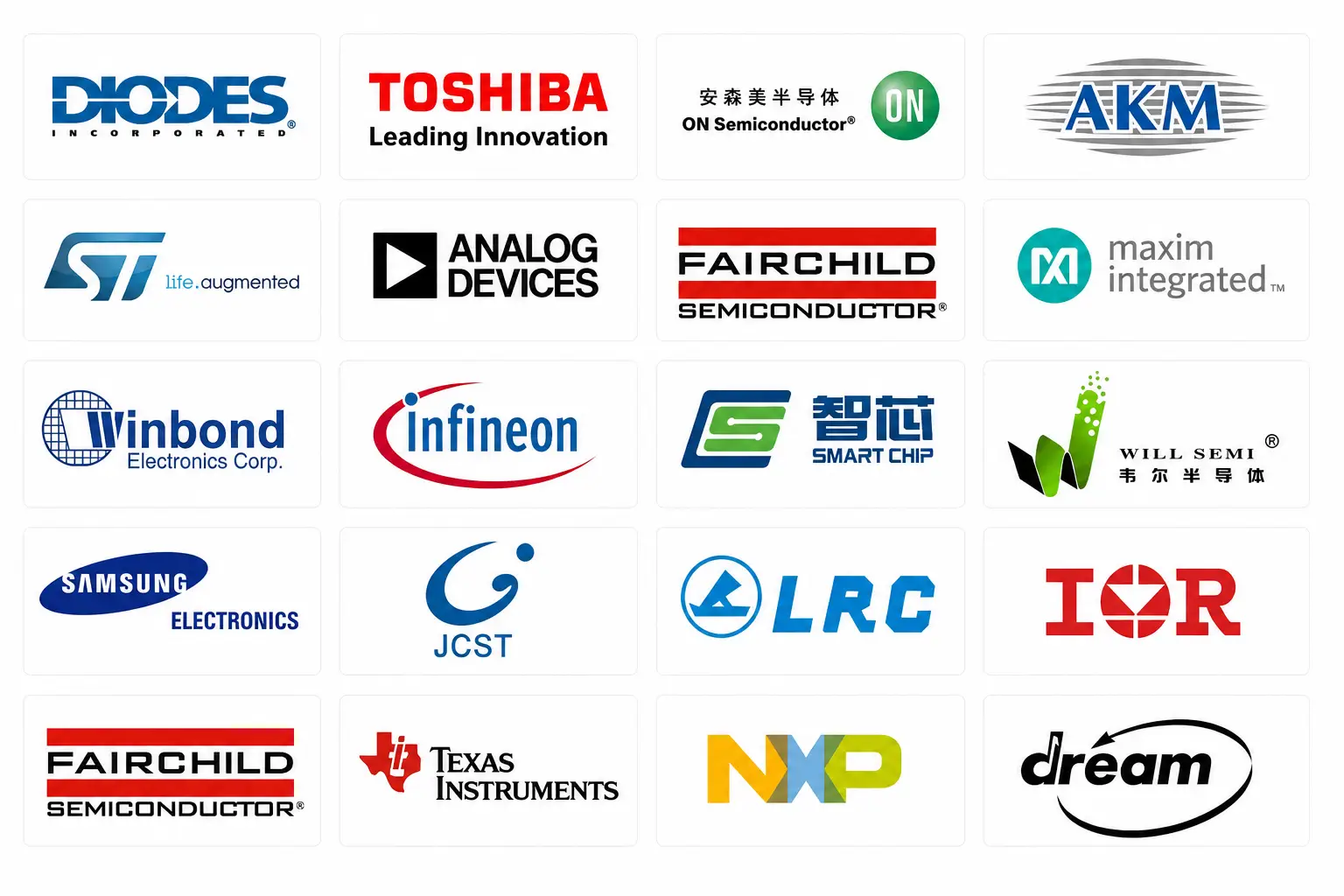 Leading semiconductor manufacturer logos: Diodes, Toshiba, ON Semi, ST, Analog Devices, Infineon, TI, NXP, Samsung. Key PCB components.