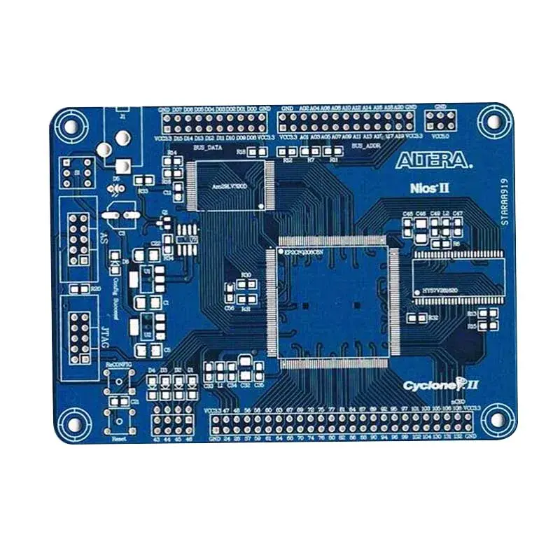 Altera Nios II Cyclone II FPGA development board, blue PCB with various components, connectors, and traces for embedded systems.