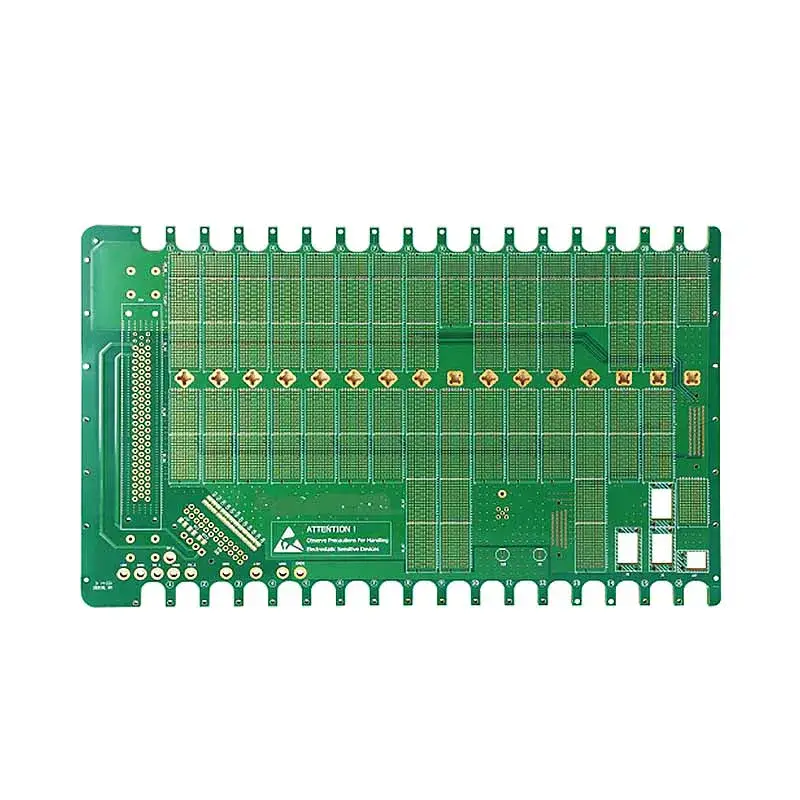 Green high-density bare PCB board featuring numerous repeating pad arrays, a long edge connector, and an ESD warning for complex electronics assembly.