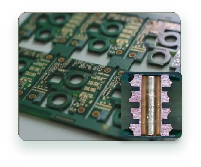 Detailed PCB panel featuring gold plating alongside a microsection of a plated through-hole via, showcasing advanced PCB manufacturing quality.