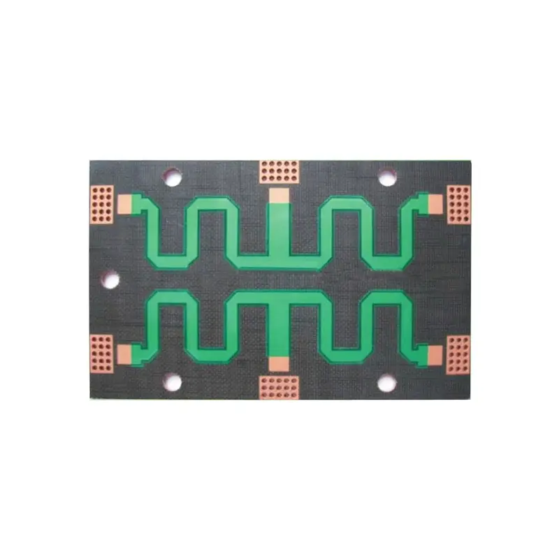 Custom RF microwave PCB featuring controlled impedance serpentine traces and copper via arrays for high-frequency applications.