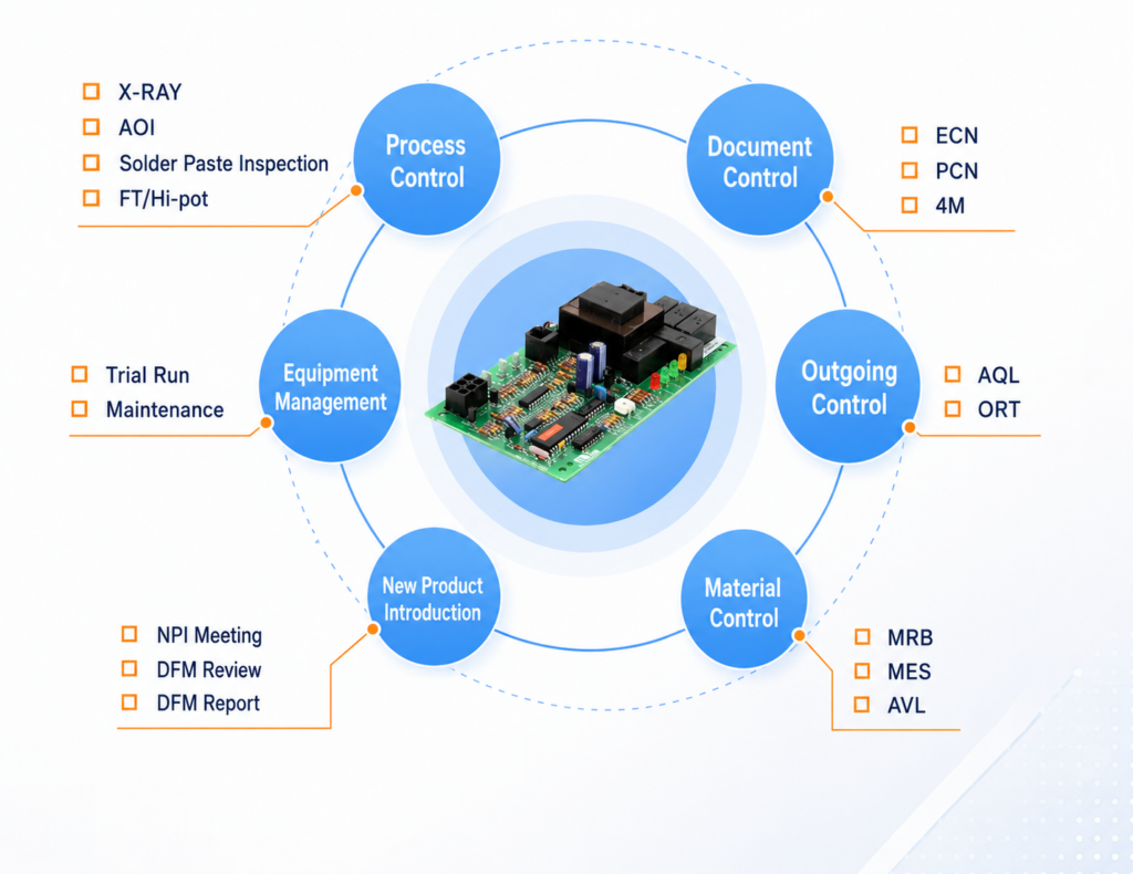 Comprehensive PCB assembly quality management system diagram with process, document, outgoing, material, NPI, and equipment controls for electronics manufacturing.