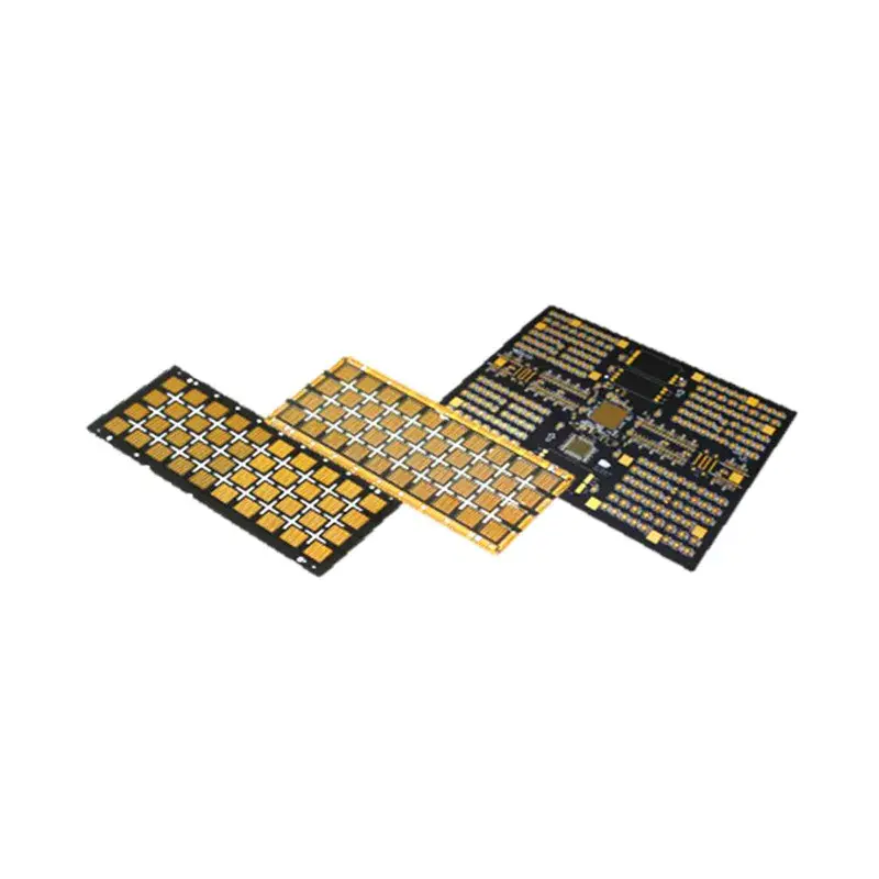 Image shows three advanced PCB panels, two with gold pad arrays and one complex PCB, for high-frequency applications.