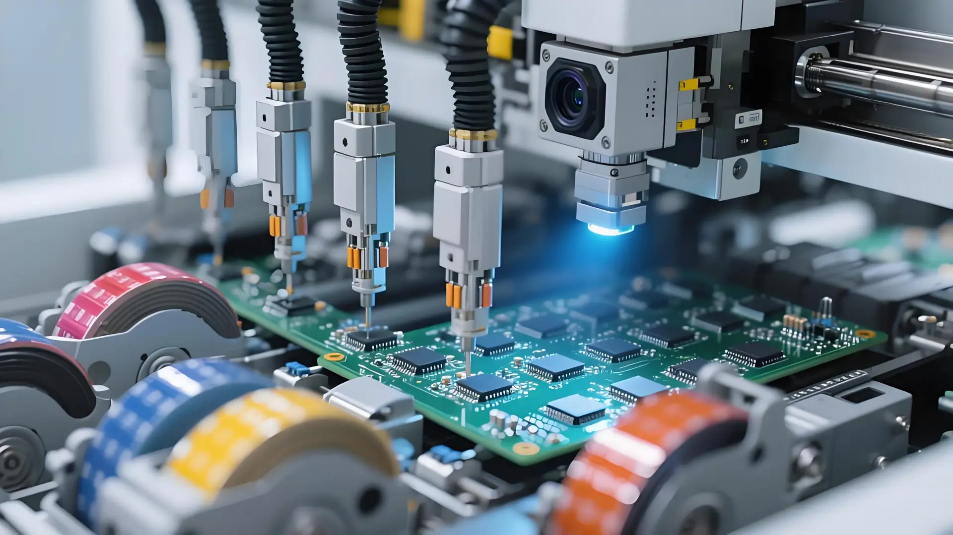Close-up of an SMT pick and place machine precisely mounting chips on a printed circuit board, highlighting automated electronic manufacturing process.