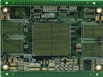 High-density green PCB module featuring a large central BGA package, surrounded by multiple smaller ICs and SMT components, with edge connectors for system integration.