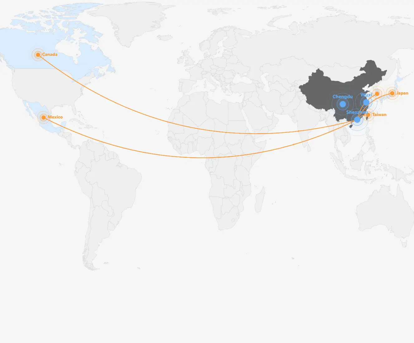 World map showing global PCB supply chain from Canada and Mexico to manufacturing hubs in China, Taiwan, and Japan.